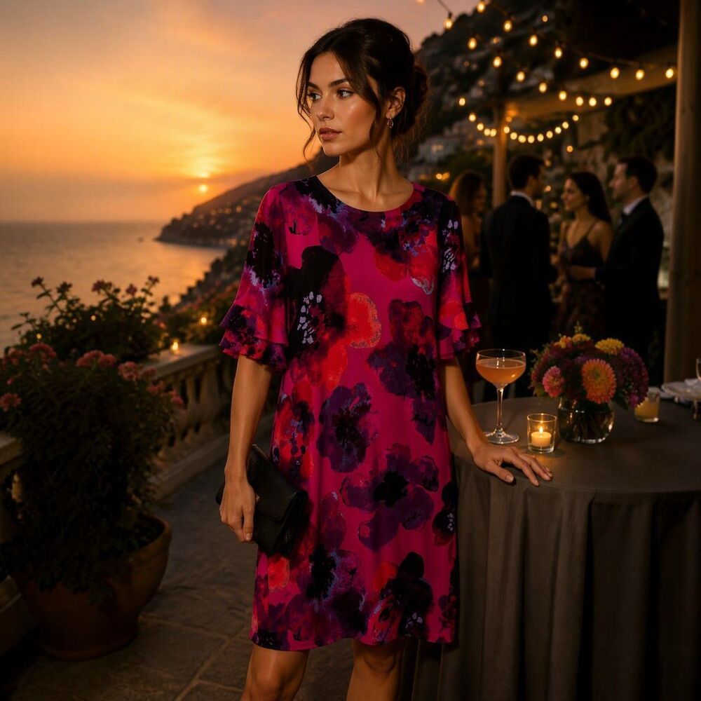 Clara Sunwoo Floral Shift Dress Sz M Bell Sleeve Stretch Travel Resort Cocktail